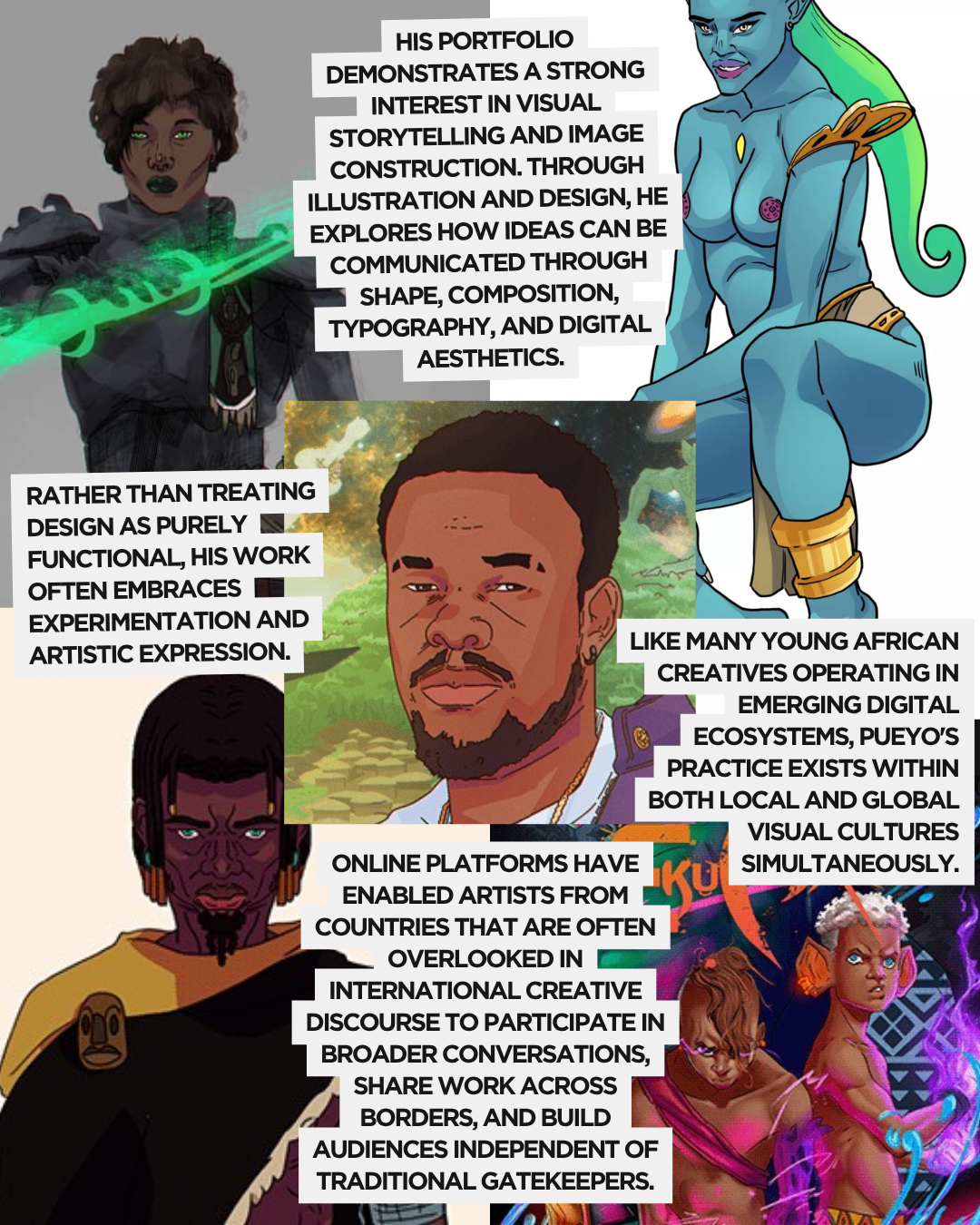 A collage of illustrations featuring diverse characters, including a stylized African man, a green-skinned female warrior, and other artistic representations, accompanied by text about visual storytelling and digital artistry.