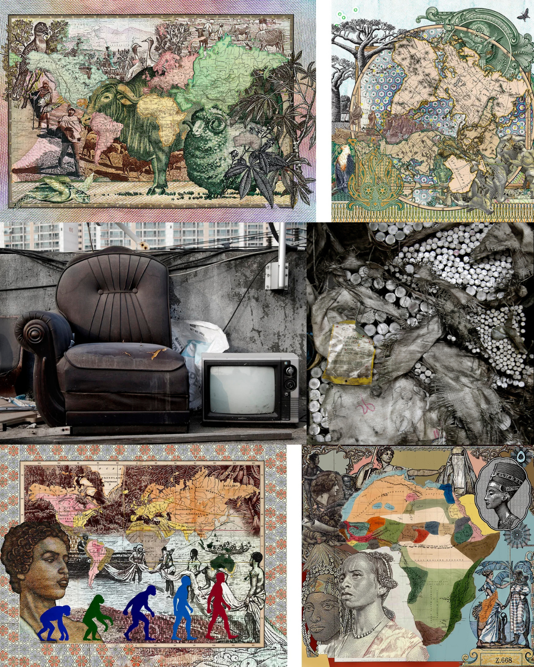 A collage of artistic images depicting a variety of themes, including maps, animals, and human evolution, interspersed with a vintage armchair and television in an urban setting.