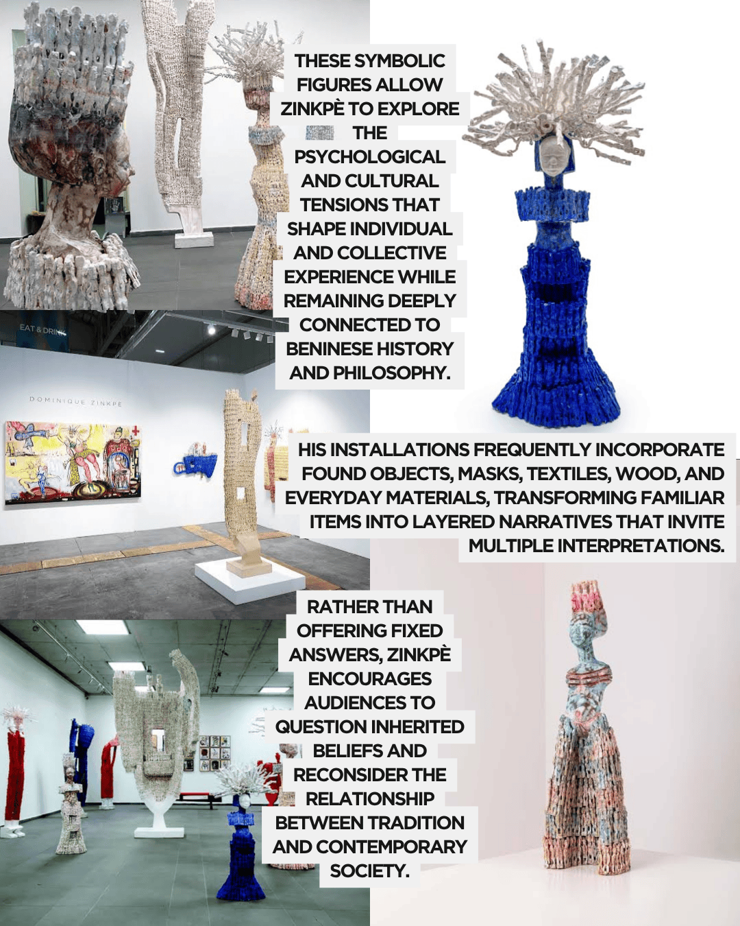 Art installation featuring symbolic figures by artist Domingue Zinkpè, exploring themes of psychological and cultural tensions related to Beninese history.