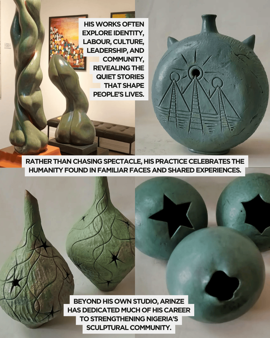 Artistic sculptures exploring identity, culture, and community displayed in a gallery setting, featuring organic forms and intricate designs.