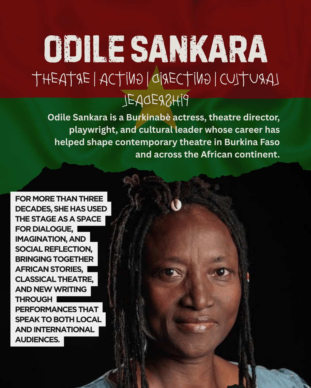 Portrait of Odile Sankara, a Burkinabè actress and cultural leader, with a background featuring the colors of Burkina Faso's flag. The image highlights her contributions to contemporary theatre and cultural dialogue.