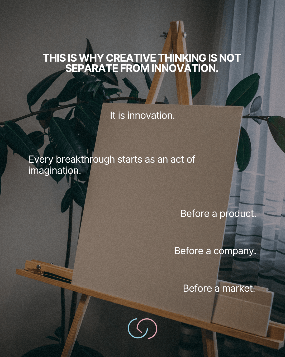 A blank canvas on an easel, with text discussing the connection between creative thinking and innovation, surrounded by indoor plants.