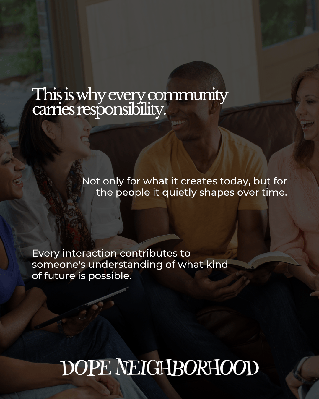 A group of four people engaged in conversation, sitting on a couch with books in hand, highlighting community responsibility.