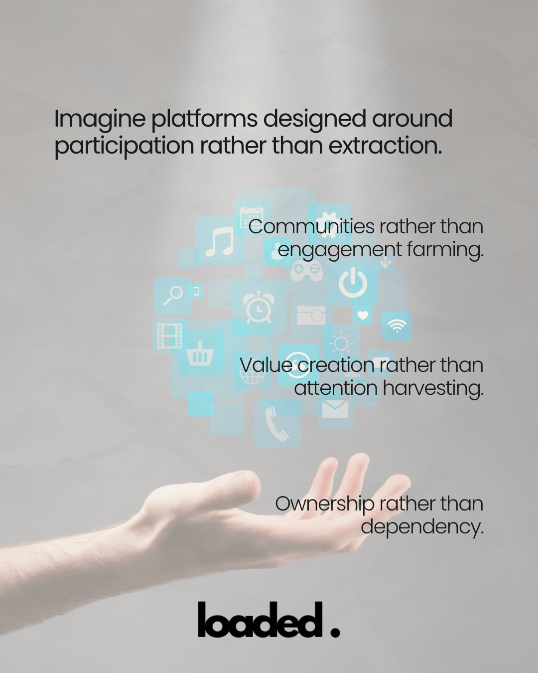 A hand reaching out with social media icons floating above, accompanied by text promoting community participation over engagement farming.