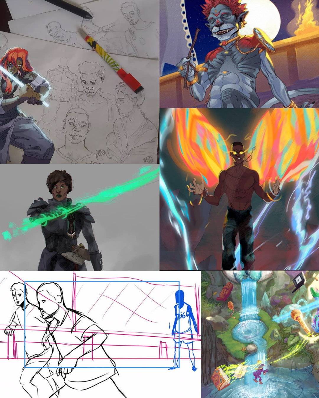 A collage of various character designs and illustrations showcasing diverse styles and themes including fantasy, action, and conceptual art.