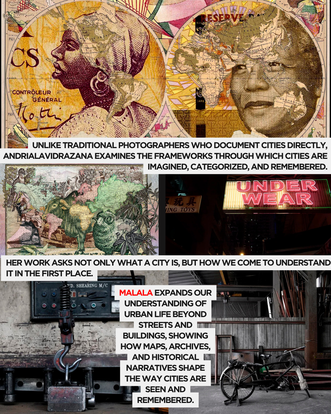 An artistic collage featuring images of historical figures, maps, and urban environments that explore the concept of how cities are perceived and remembered.