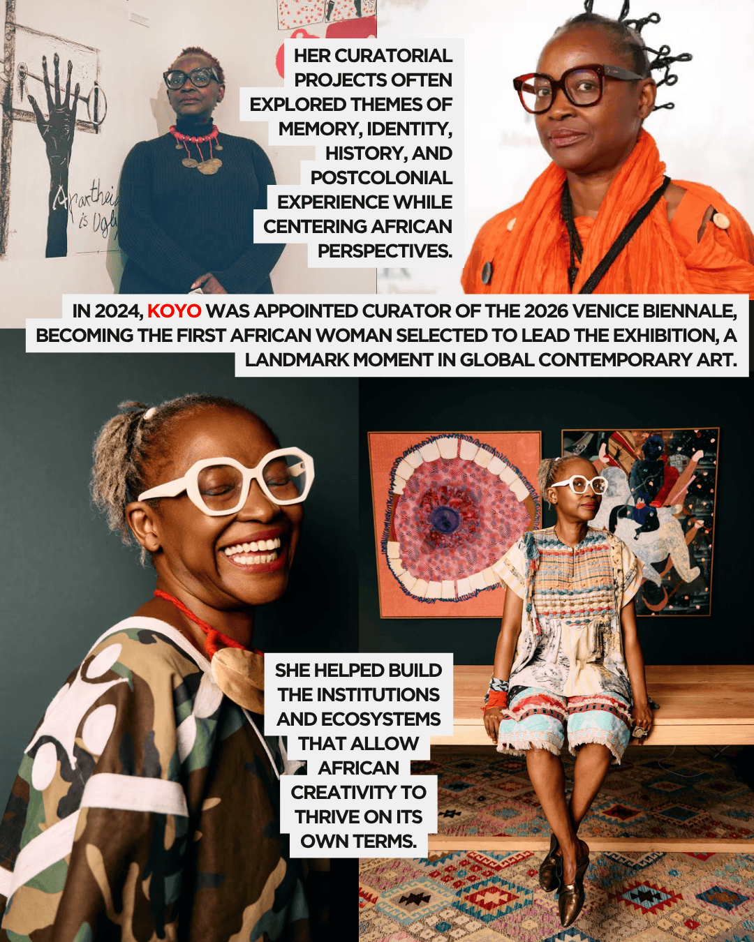A smiling woman wearing glasses and a colorful outfit stands in front of an art display, emphasizing themes of African perspectives. Text highlights her role as curator for the 2026 Venice Biennale and her contributions to African creativity.