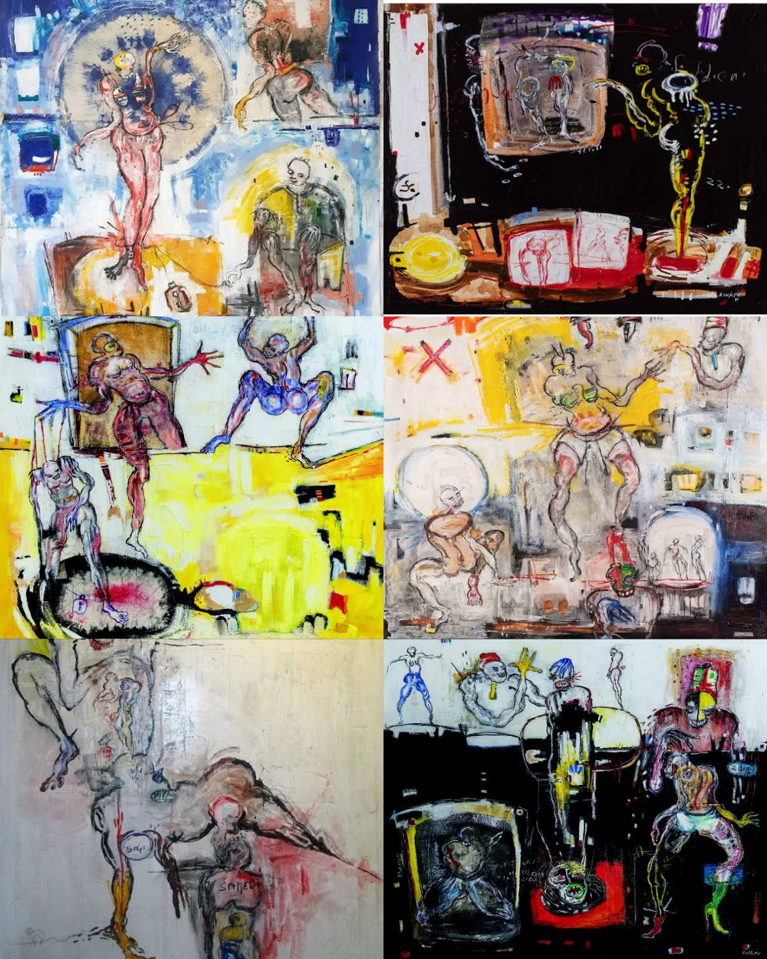 A collage of abstract artworks featuring figures in exaggerated, dynamic poses, using vibrant colors and expressive brush strokes. The pieces showcase a range of human forms and stylized features, creating a sense of movement and emotional depth.
