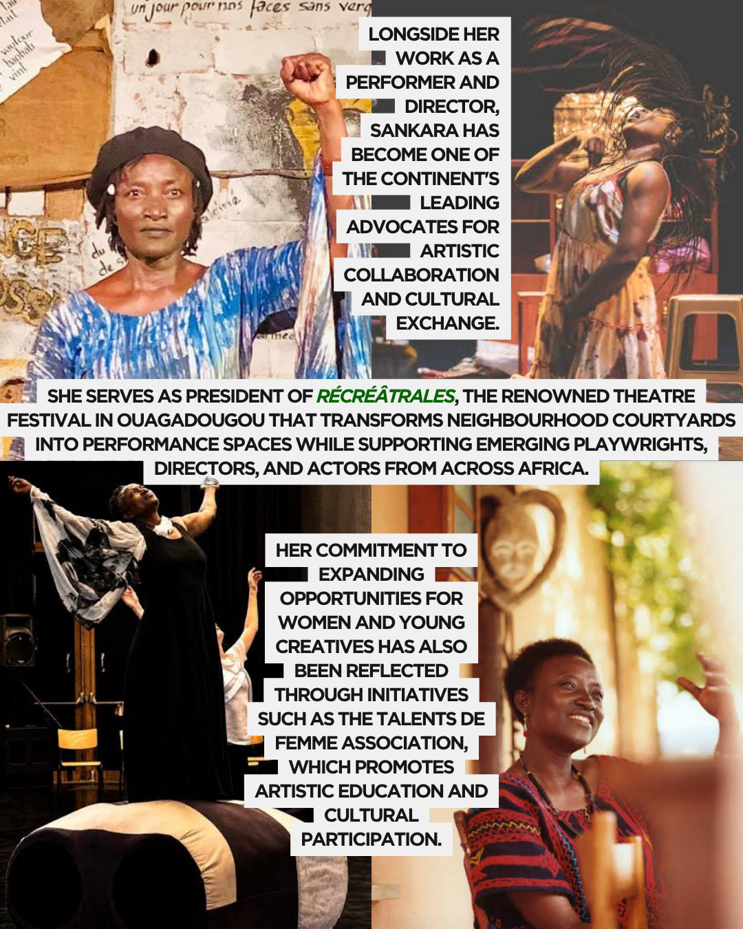 A woman performing on stage with an expressive pose, advocating for artistic collaboration and cultural exchange.