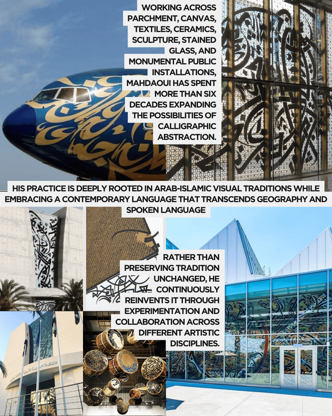 An airplane featuring intricate calligraphic designs, representing Arab-Islamic art.