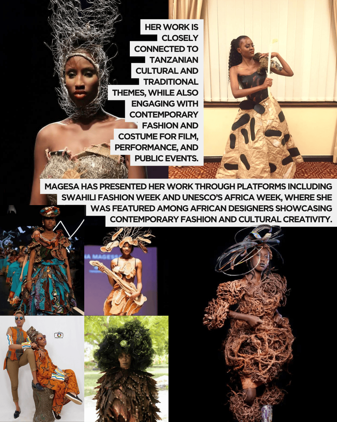 A collage of models showcasing contemporary fashion inspired by Tanzanian culture and traditional themes, featuring intricate costumes with natural elements.