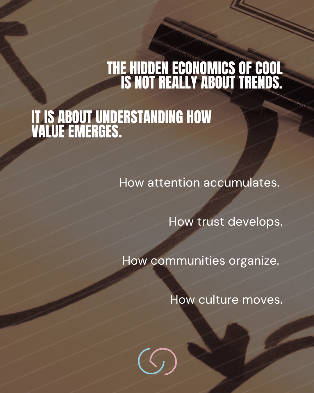 Text on a notepad discussing the hidden economics of cool, emphasizing the understanding of how value emerges, focusing on attention accumulation, trust development, community organization, and cultural movement.