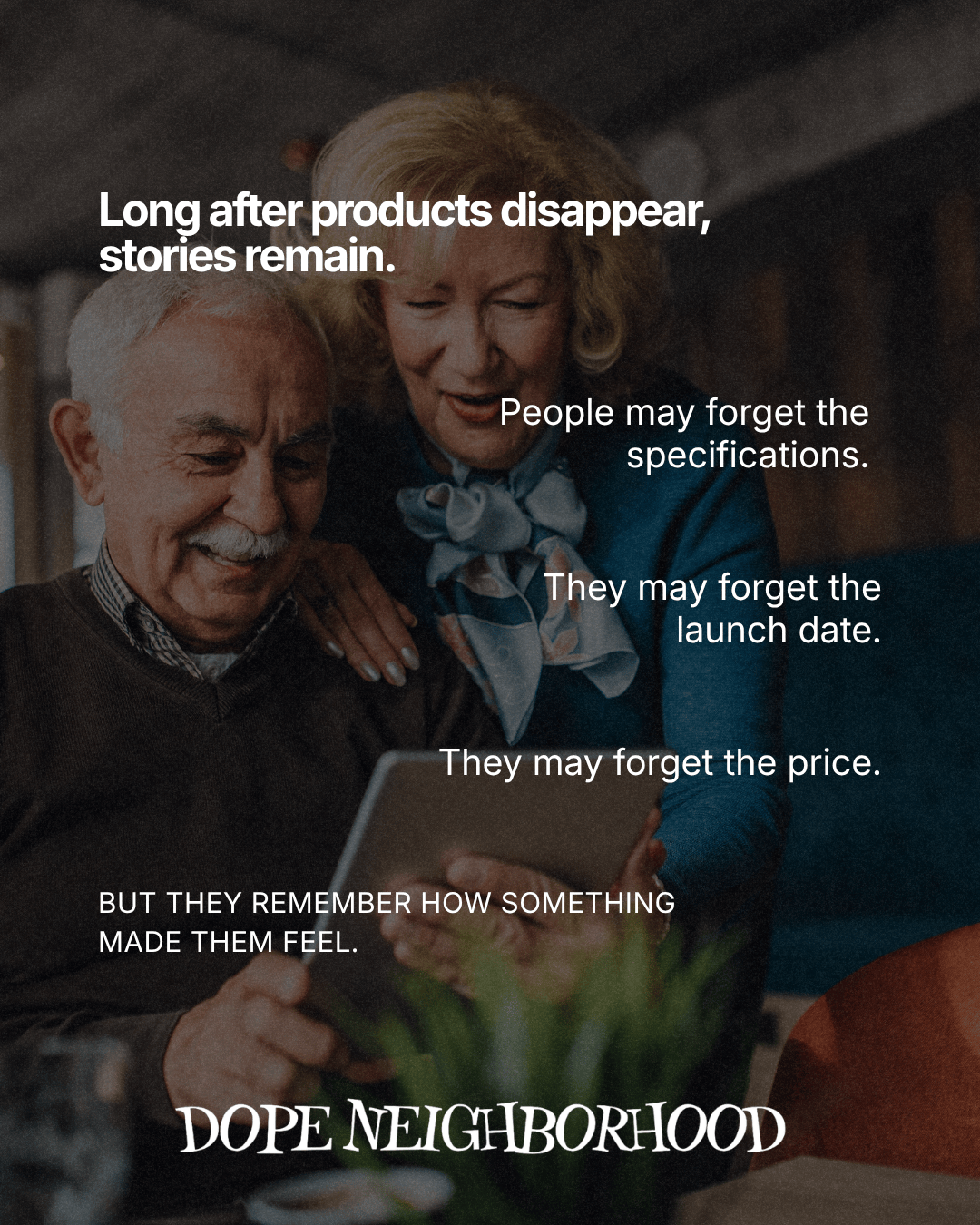 An elderly couple joyfully examining a tablet together, surrounded by a cozy setting. Text overlay emphasizes the importance of emotional memories over product specifics.
