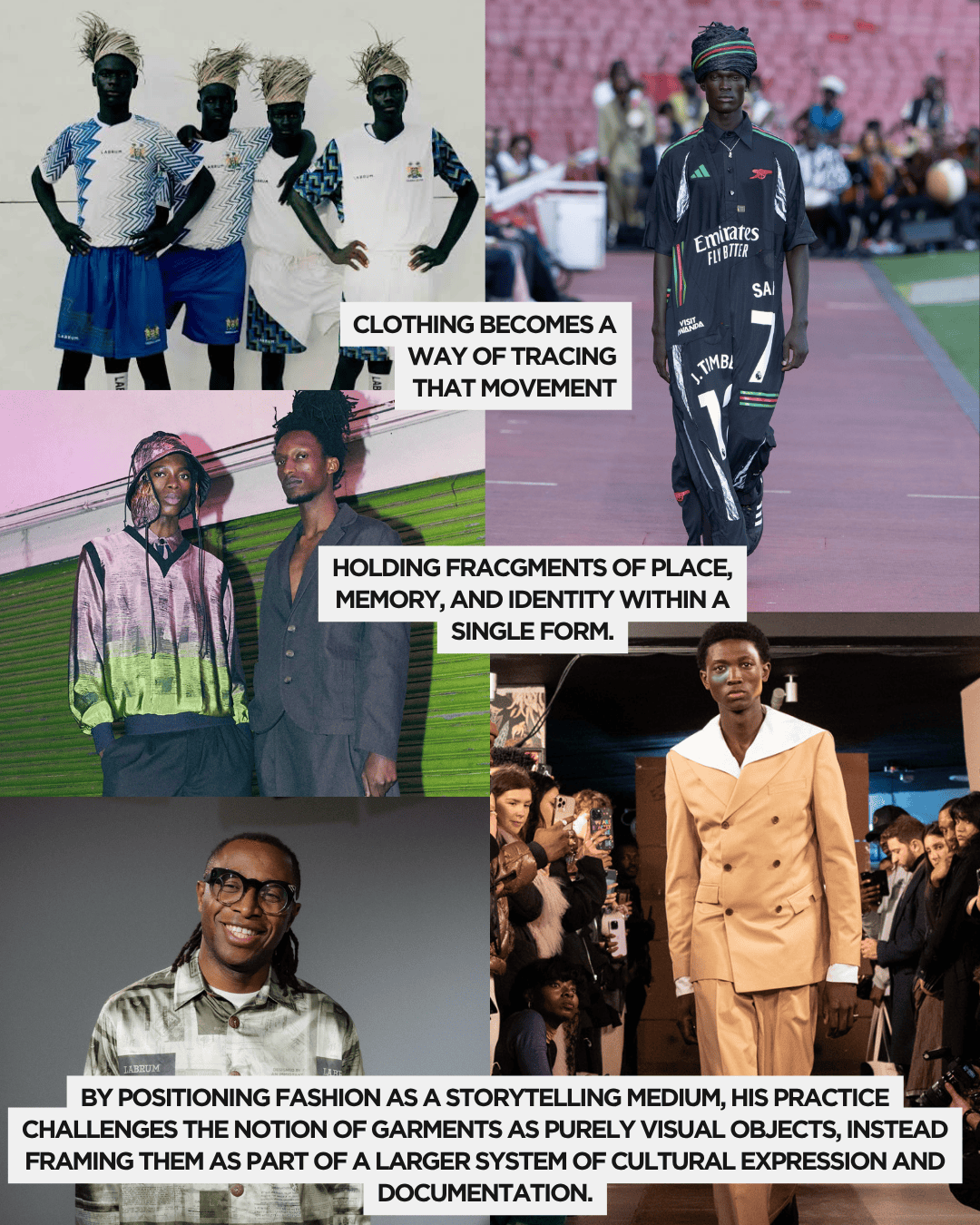 A collage of images showcasing diverse groups of people in unique clothing, exploring themes of identity, culture, and memory through fashion.
