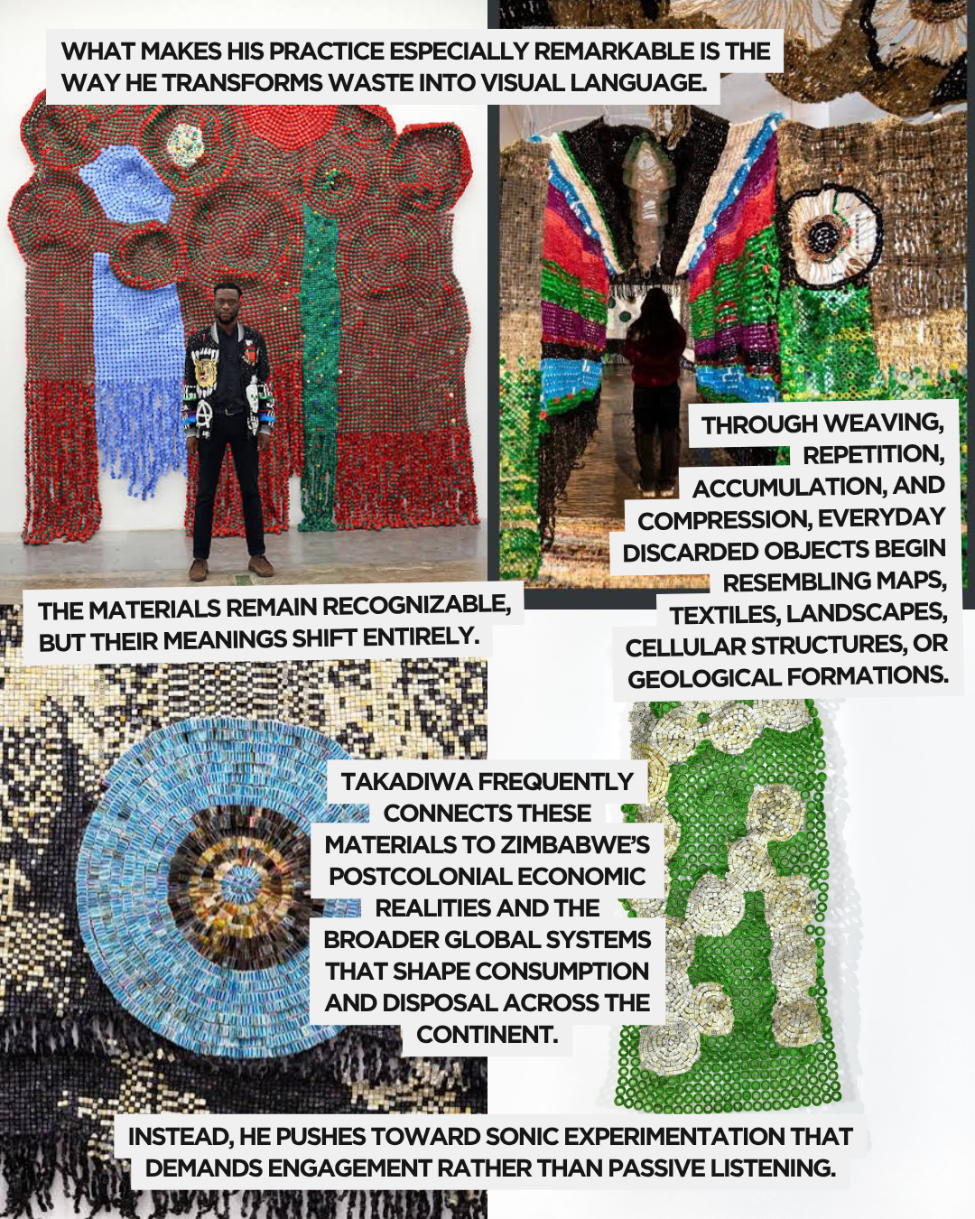 An artist stands in front of large, colorful textile artworks made from waste materials, showcasing intricate designs that resemble maps and landscapes.