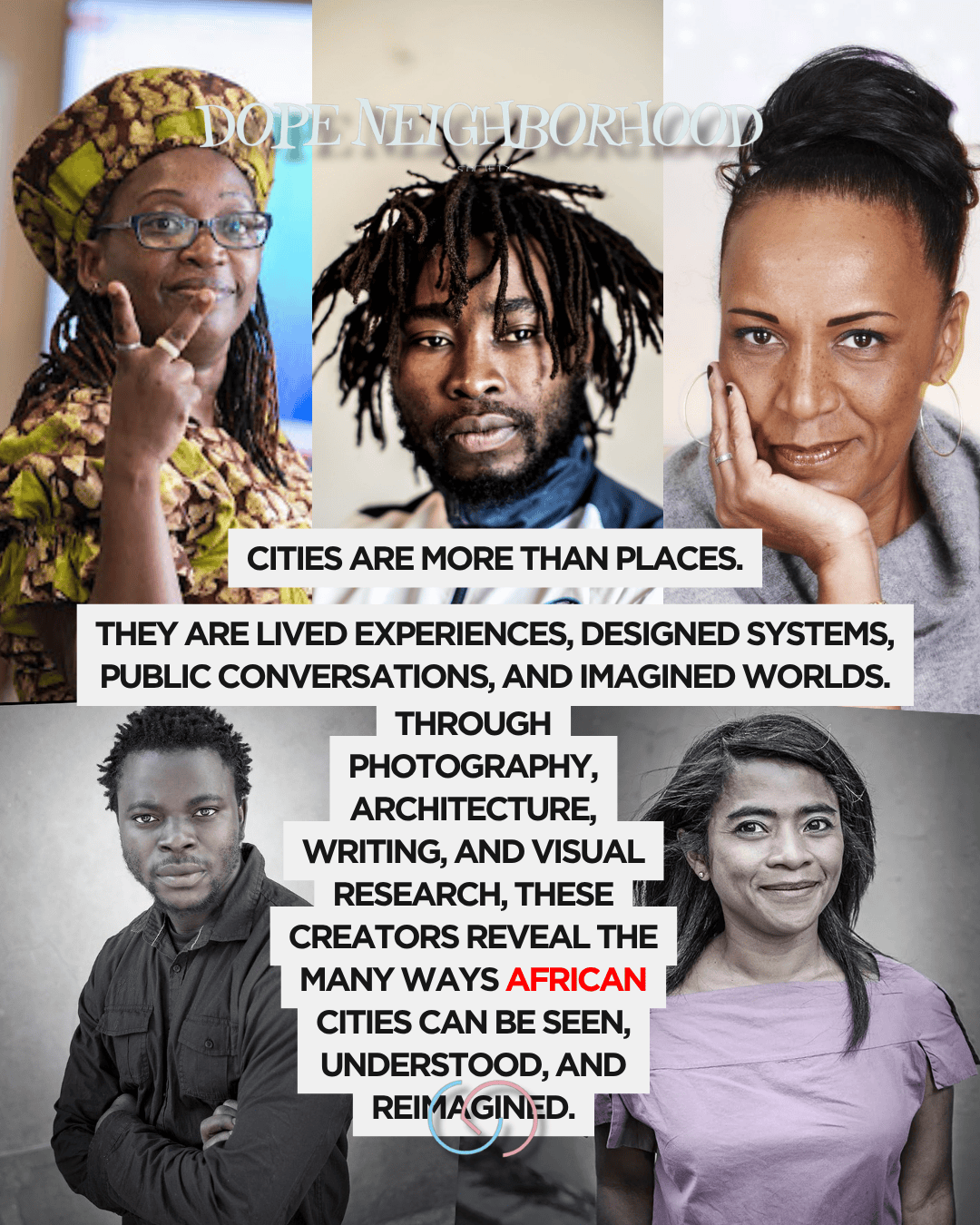 A collage featuring three diverse individuals expressing different emotions, with text overlay discussing the significance of cities as lived experiences, designed systems, and the work of creators in revealing perceptions of African cities.