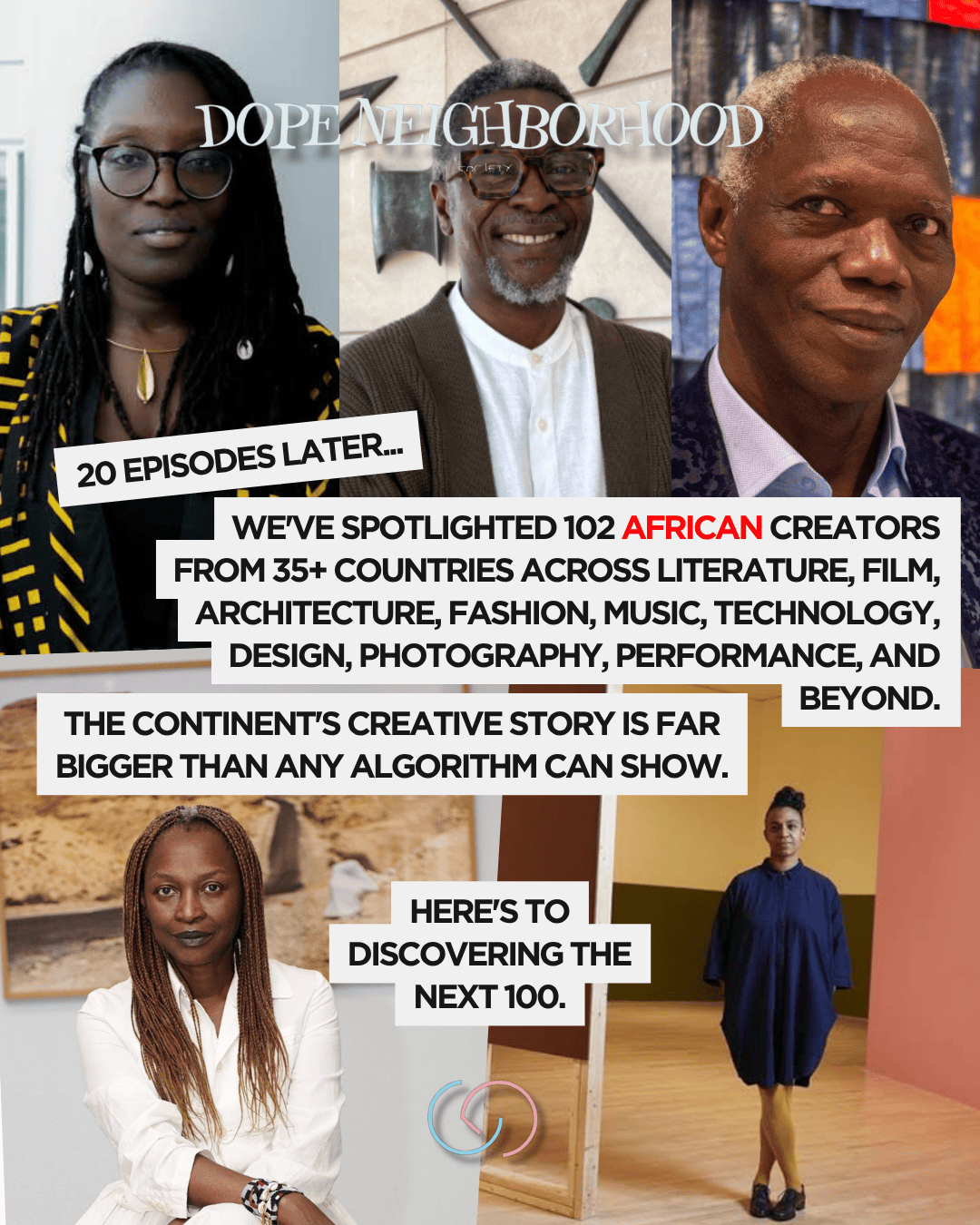 A collage featuring four African creators, highlighting diversity in talent and creativity. The text overlay discusses the spotlight on 102 creators from 35 countries in various fields such as literature, film, and fashion.