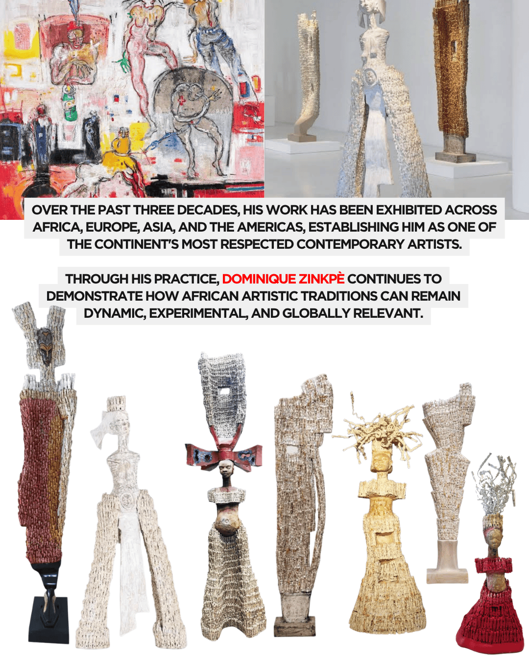 A collage featuring contemporary sculptures by Dominique Zinkpè alongside an abstract painting, showcasing diverse artistic practices and styles.