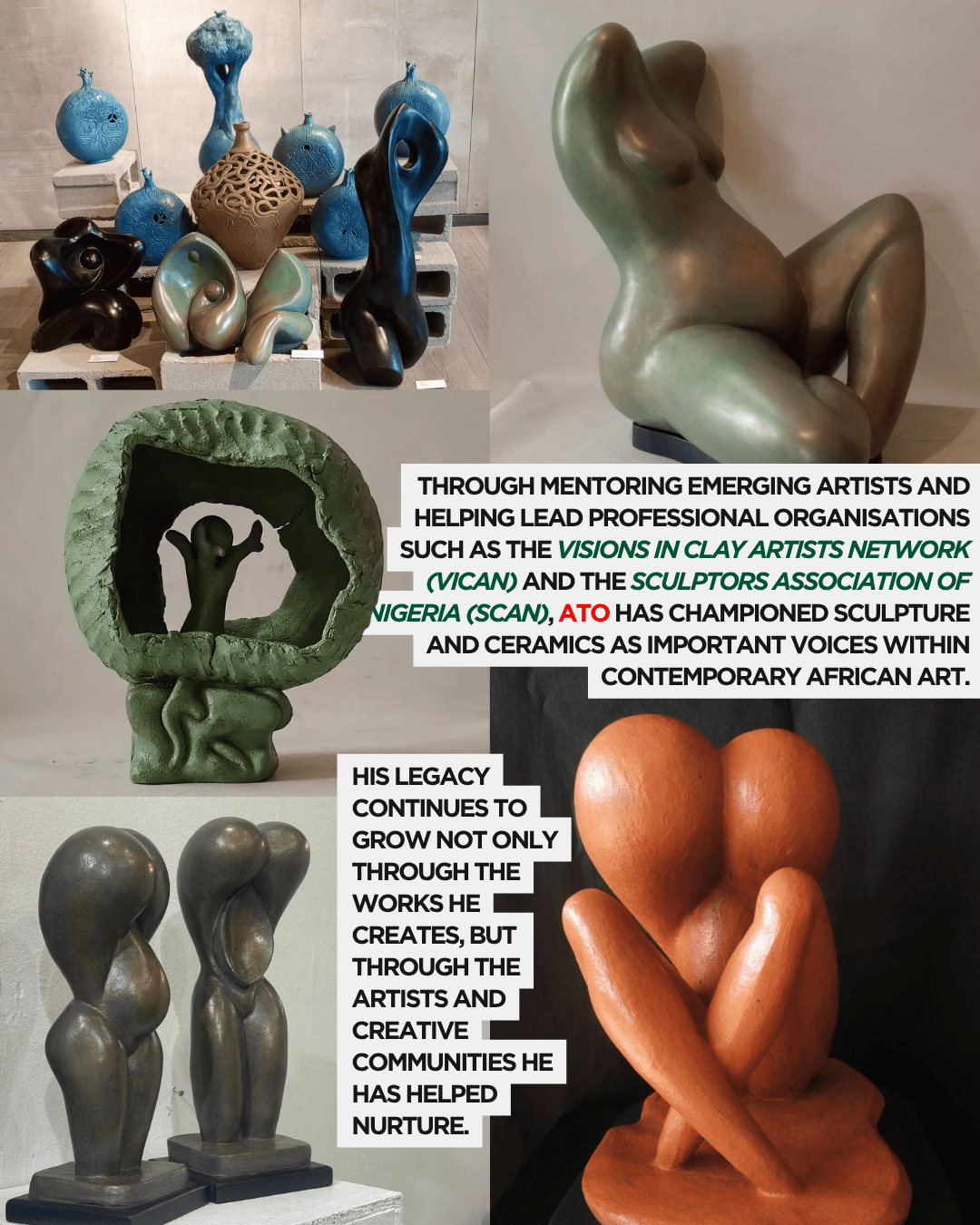 A collection of contemporary sculptures in various colors and forms, showcased in a gallery setting, highlighting themes of art and creativity.
