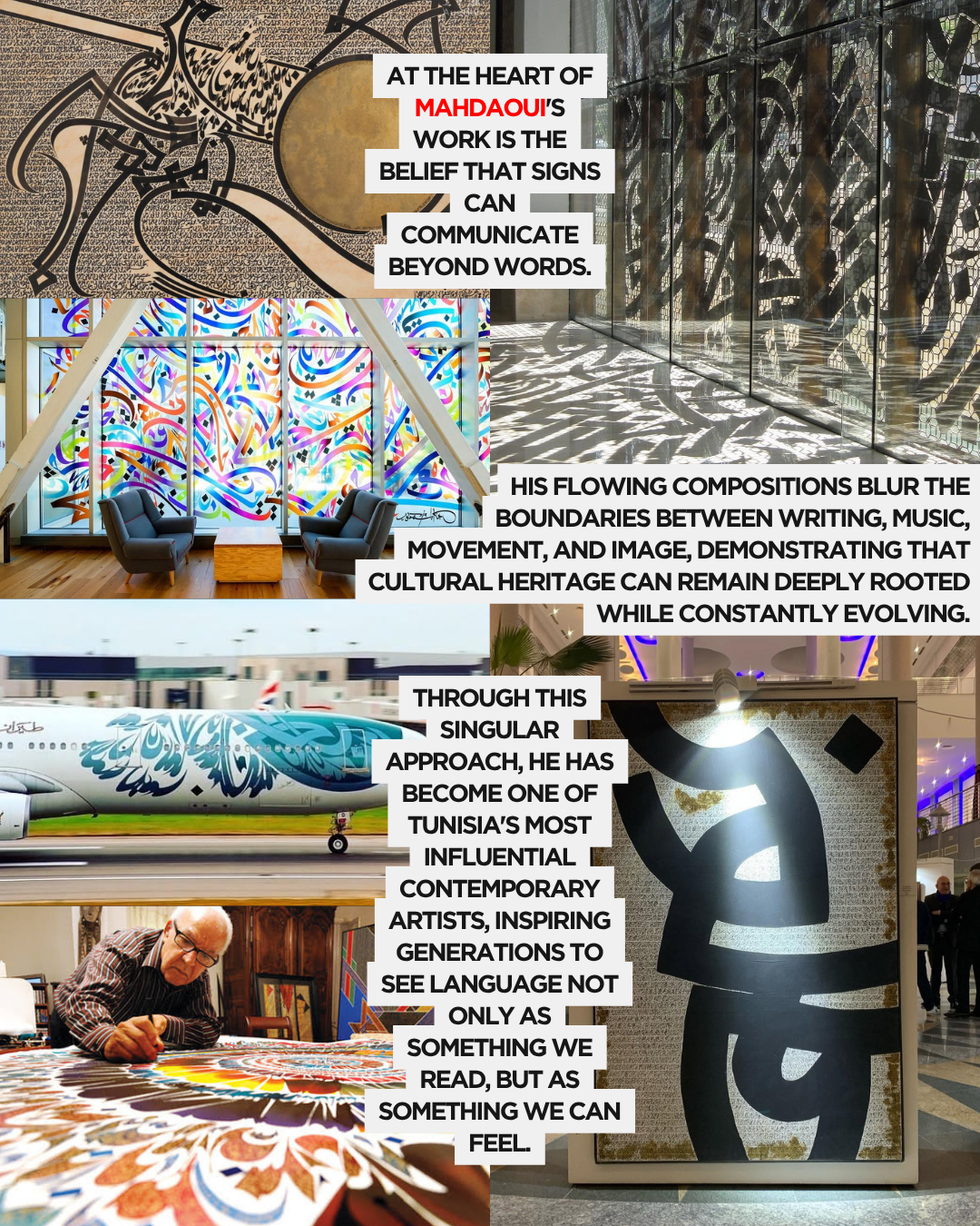 A collage showcasing the work of artist Mahdaoui, featuring intricate calligraphy, colorful abstract patterns, an airplane adorned with artistic designs, and Mahdaoui creating art in his studio.