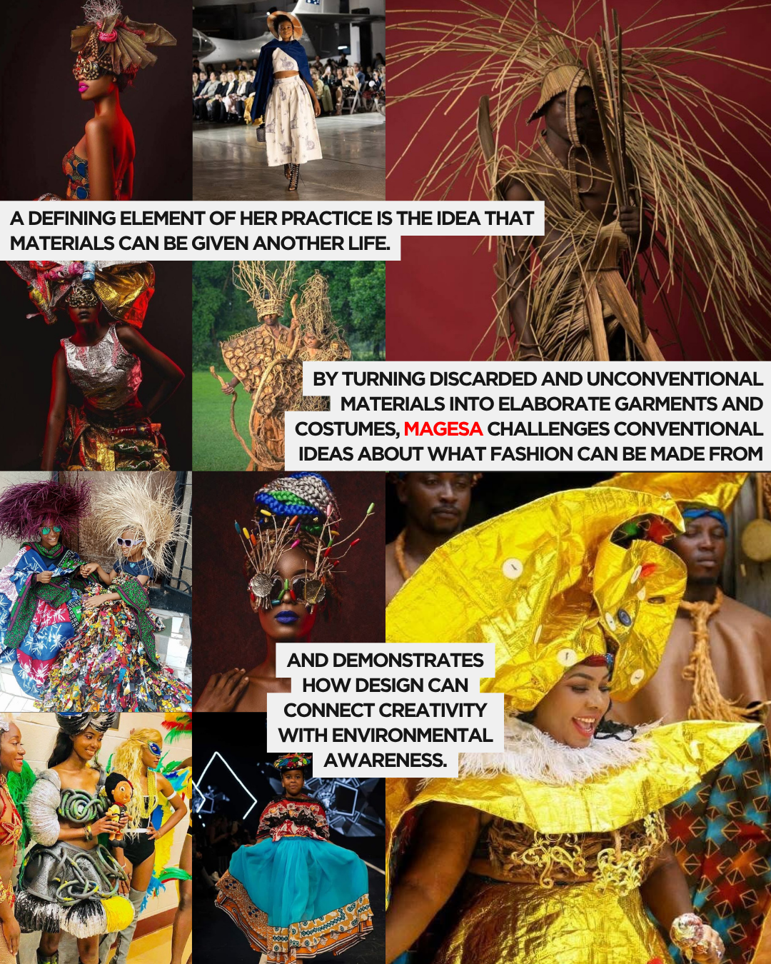 Collage of diverse fashion designs made from unconventional materials, showcasing creativity in sustainable fashion.