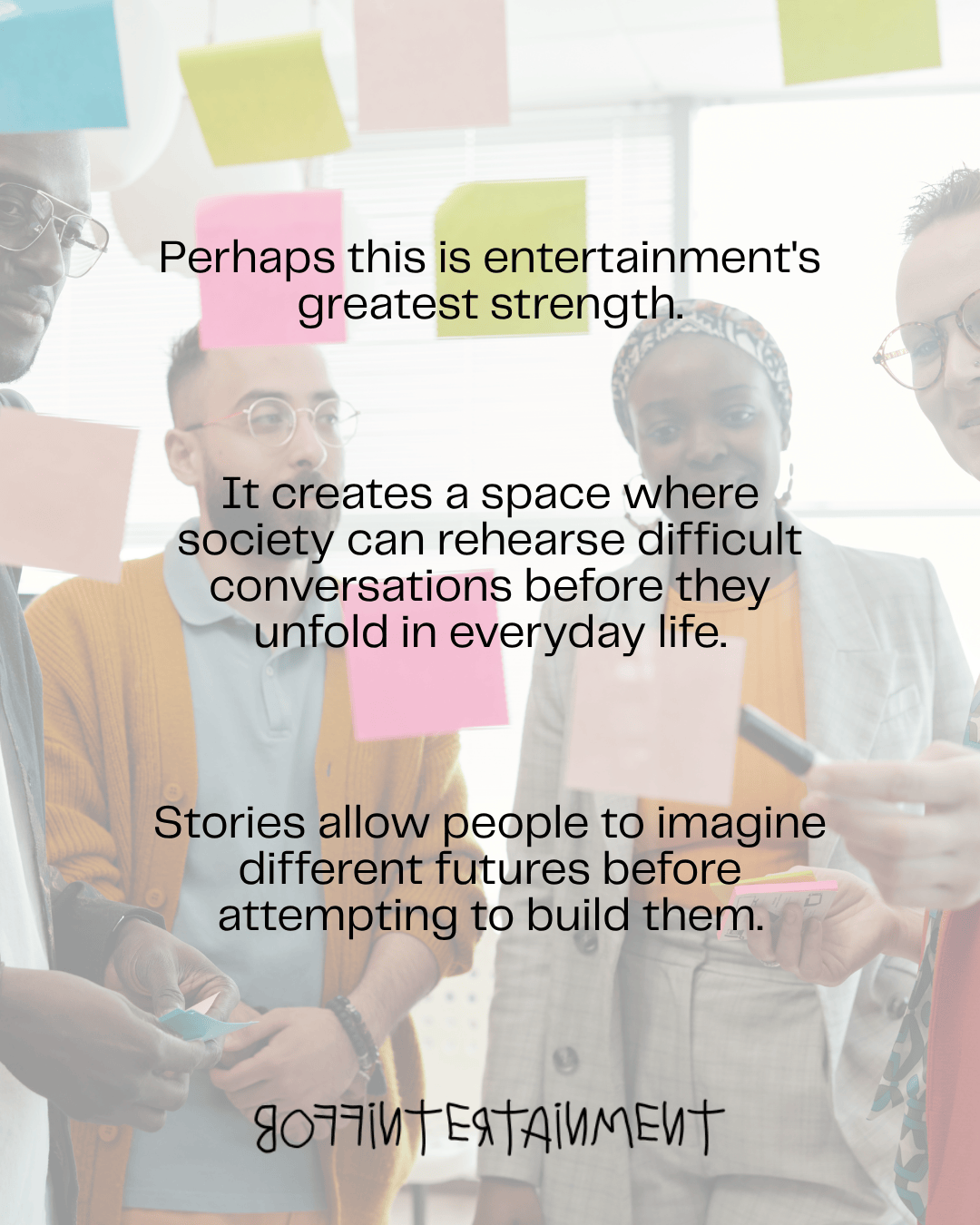 A group of people engaging in a discussion, surrounded by colorful sticky notes, with a focus on creating space for difficult conversations and imagining future possibilities.