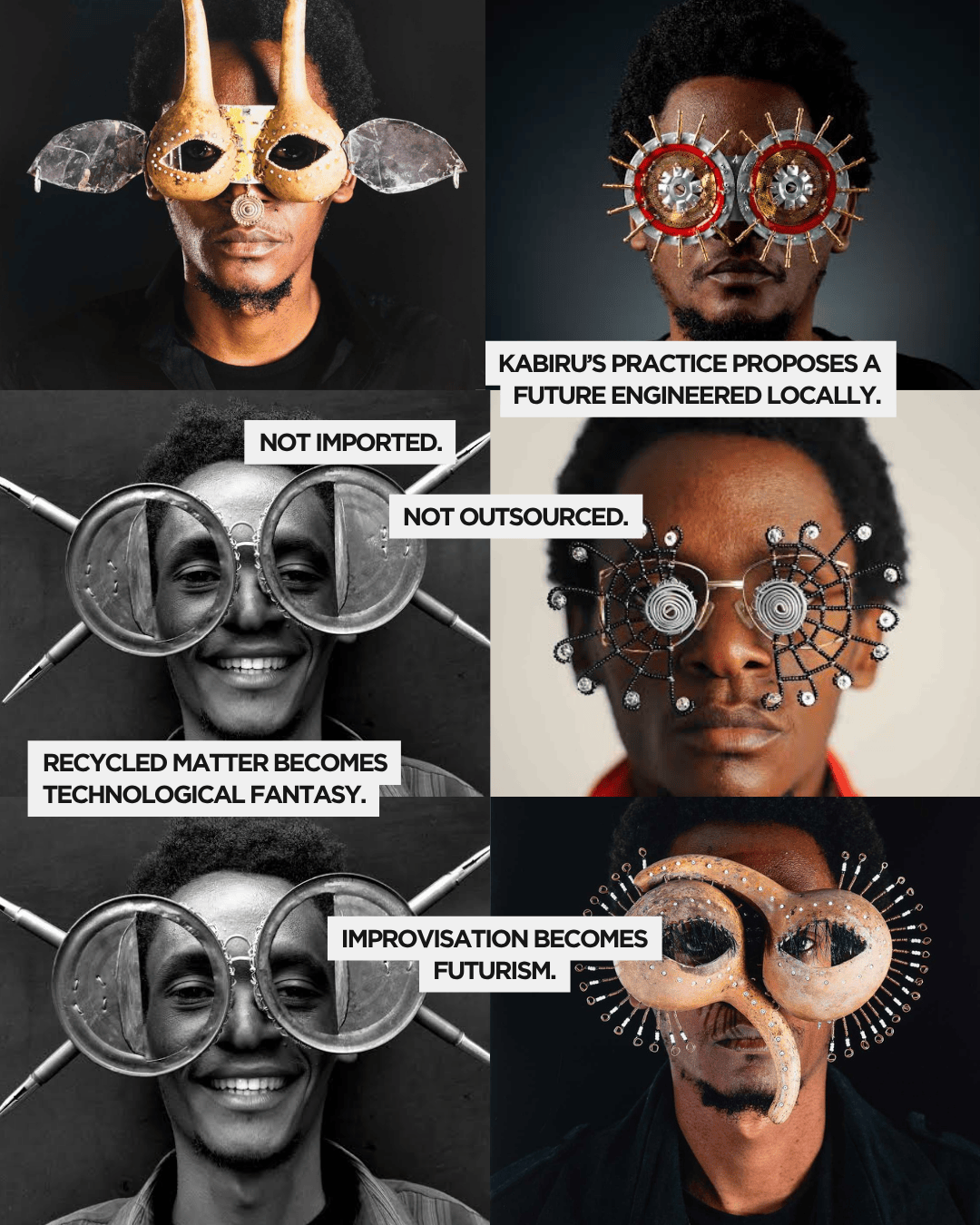 Portrait of a man wearing inventive glasses made from recycled materials, showcasing artistic eyewear designs.