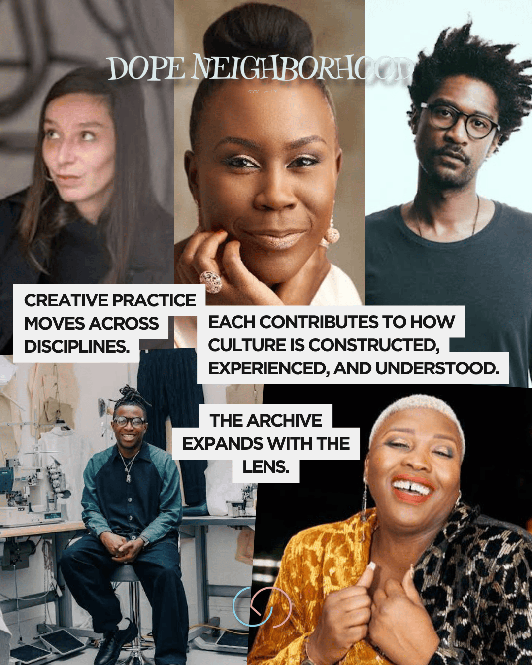 A collage featuring five diverse individuals, each engaged in creative practices that span multiple disciplines. The text overlay emphasizes themes of cultural construction and understanding.