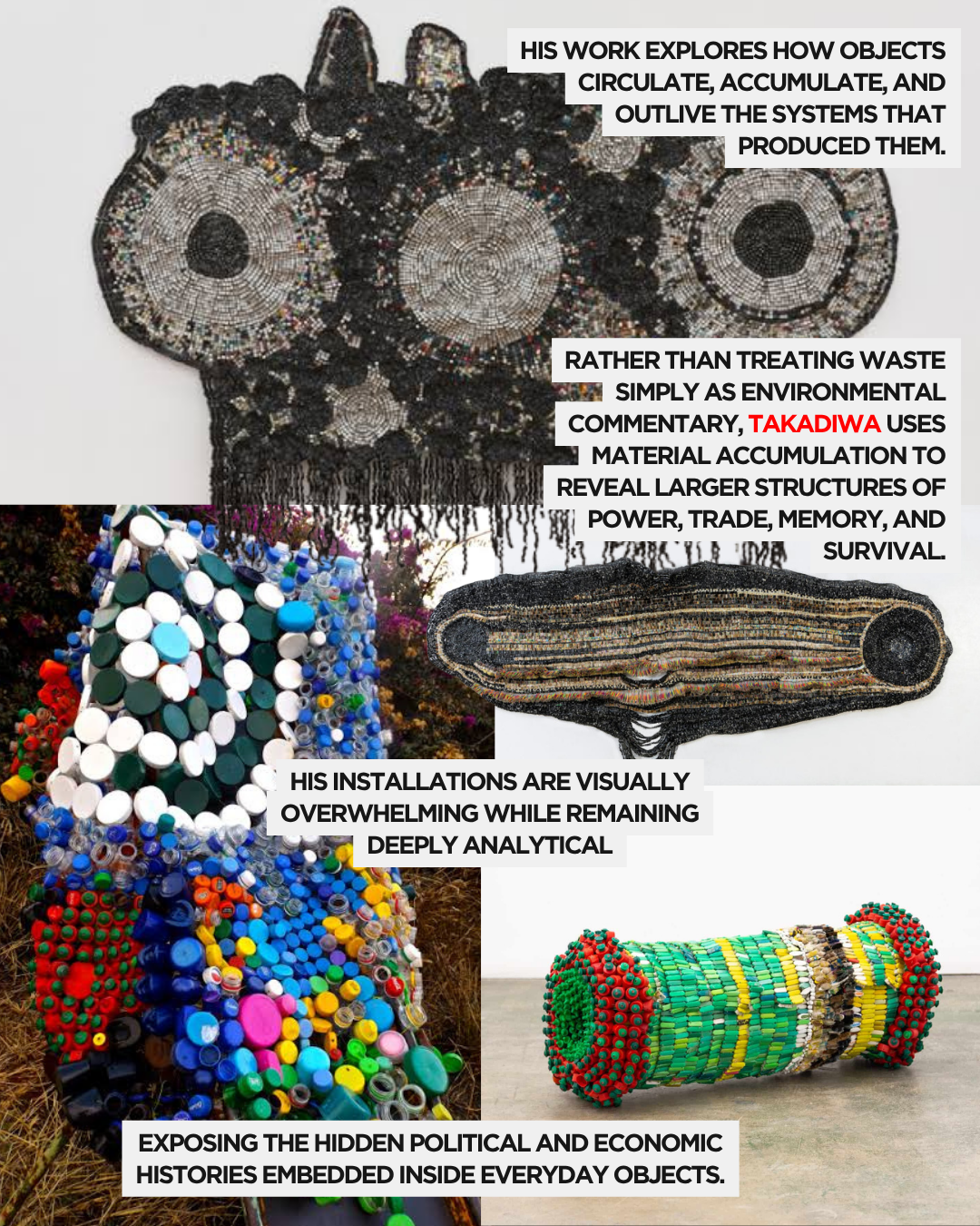 A collage of art installations made from recycled materials, showcasing intricate designs and vibrant colors, accompanied by text discussing themes of sustainability and societal commentary.