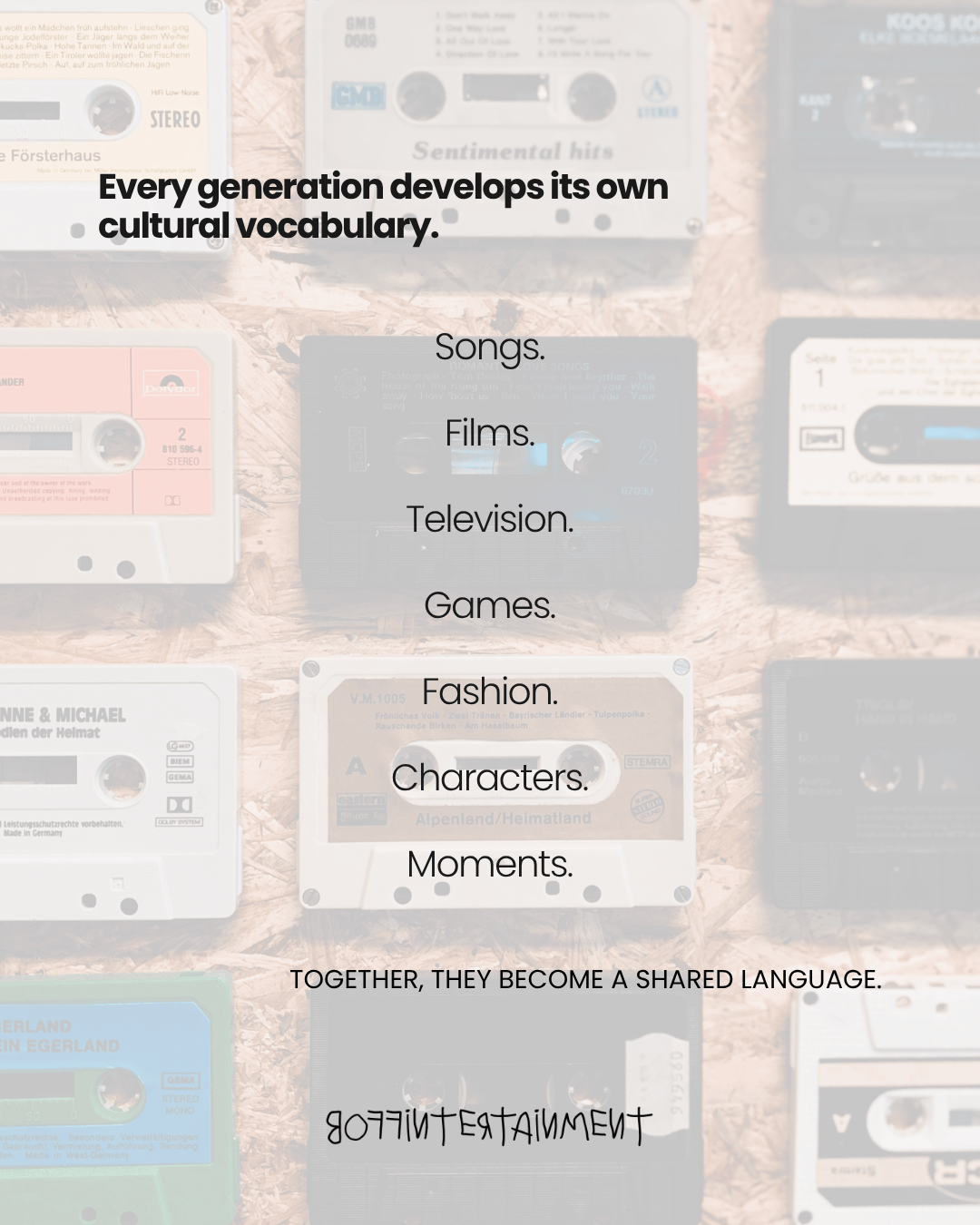A collage of cassette tapes with text highlighting cultural vocabulary across generations, including songs, films, television, games, fashion, characters, and moments.