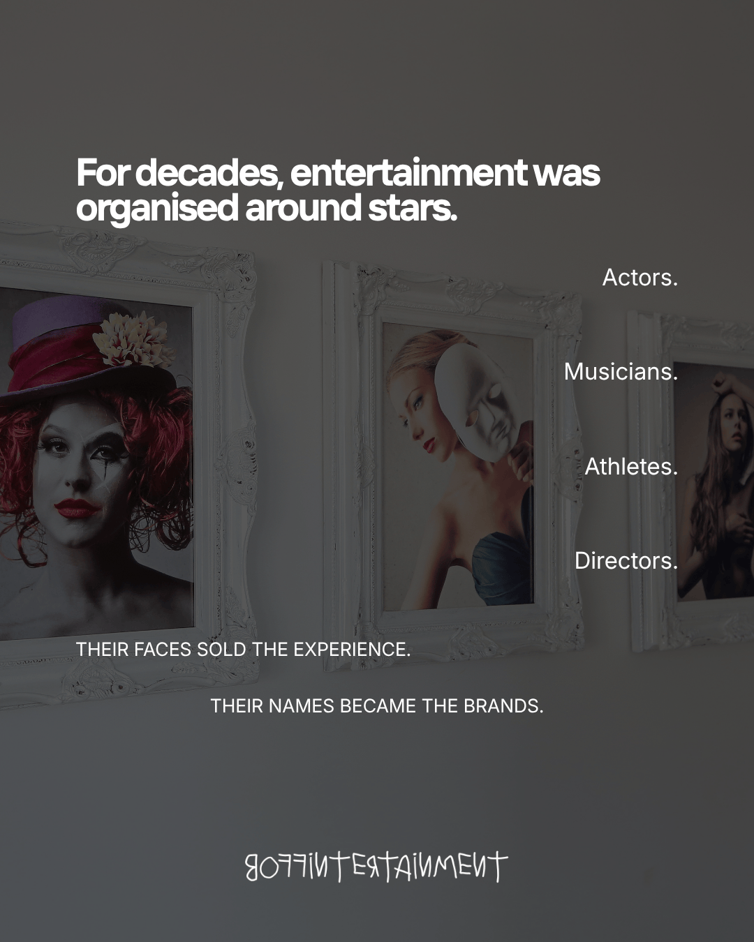A collage of portraits featuring a clown, a masked figure, and a woman with flowing hair, accompanied by text discussing the star-centric nature of entertainment.