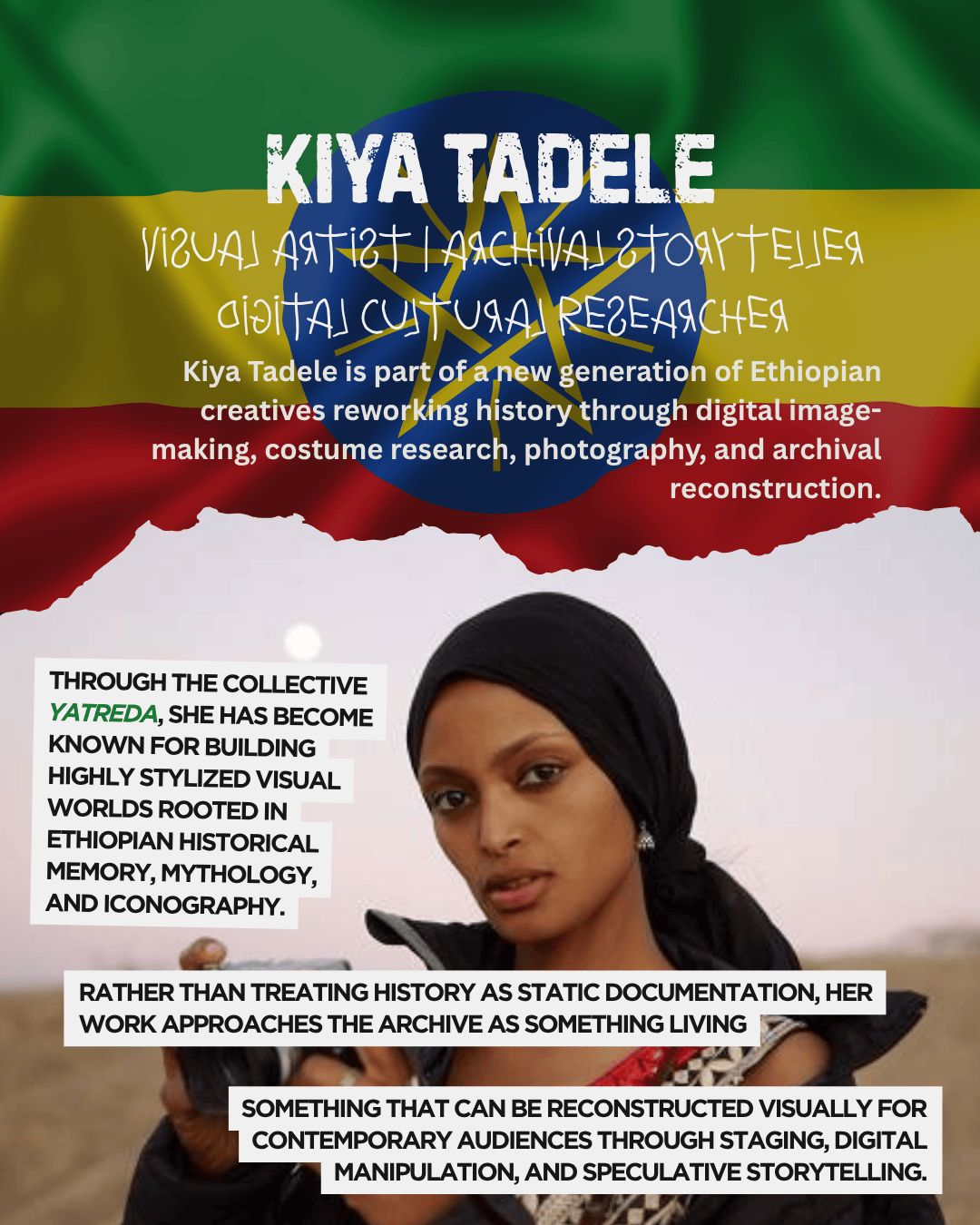 An Ethiopian woman holding a camera, wearing traditional attire, set against a backdrop illustrating Ethiopian culture, with text highlighting her work as a visual artist and researcher.