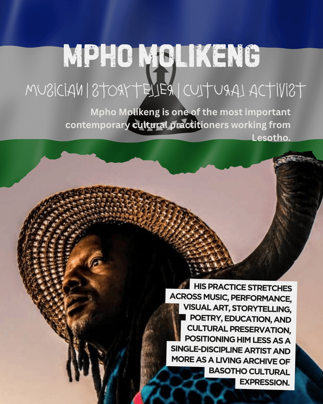 A portrait of Mpho Molikeng, a musician and cultural activist from Lesotho, wearing a traditional hat and showcasing a thoughtful expression against a backdrop featuring the Lesotho flag.