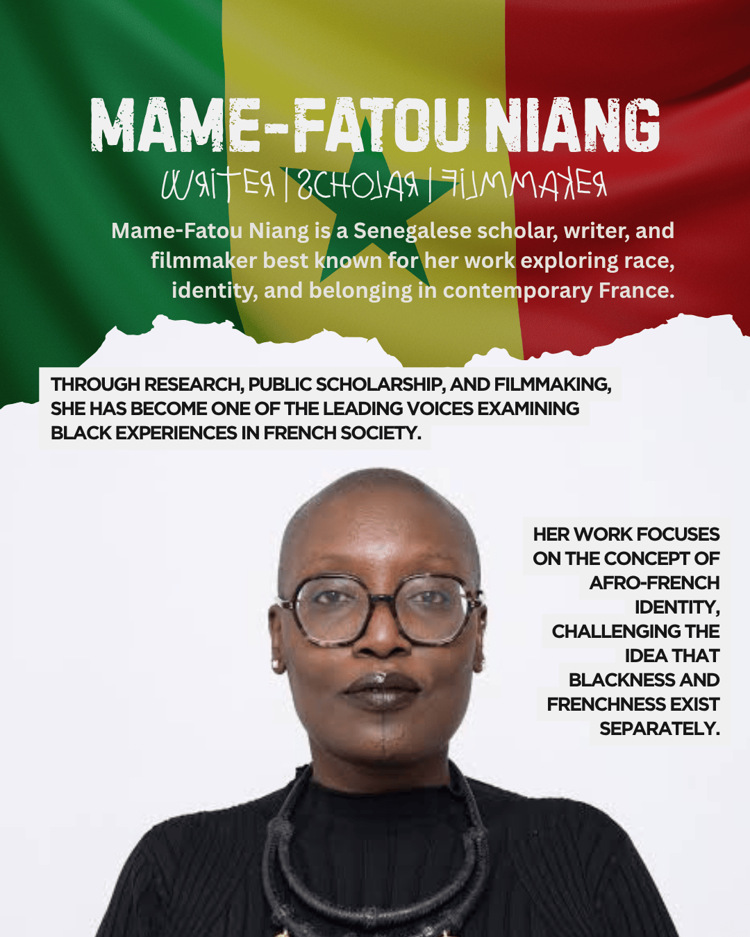 Portrait of Mame-Fatou Niang, a Senegalese scholar, writer, and filmmaker, against a backdrop of the Senegalese flag, highlighting her focus on race and identity.