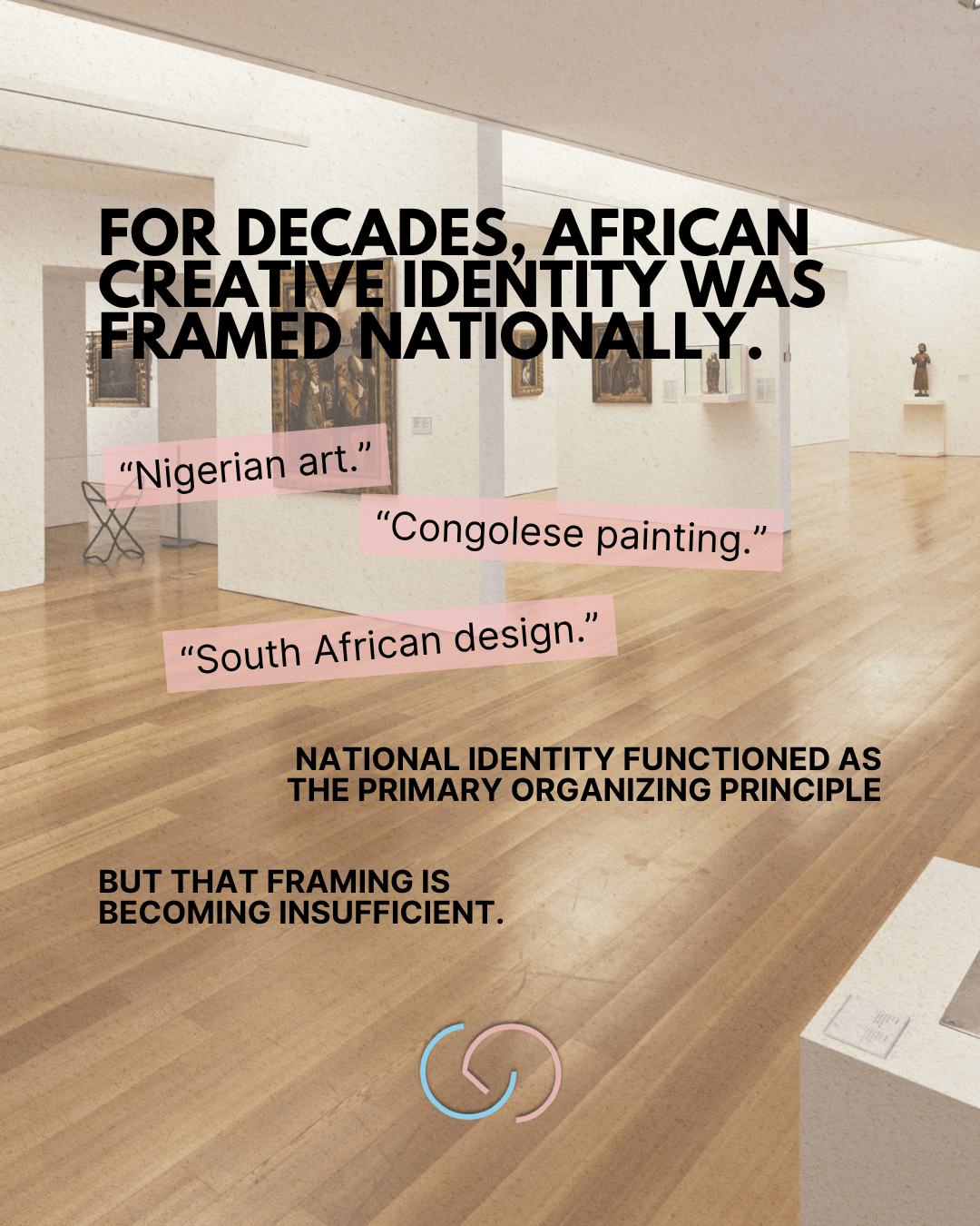 Interior of an art gallery exhibiting various artworks, featuring text on the wall discussing African creative identity and its national framing, highlighting Nigerian art, Congolese painting, and South African design.