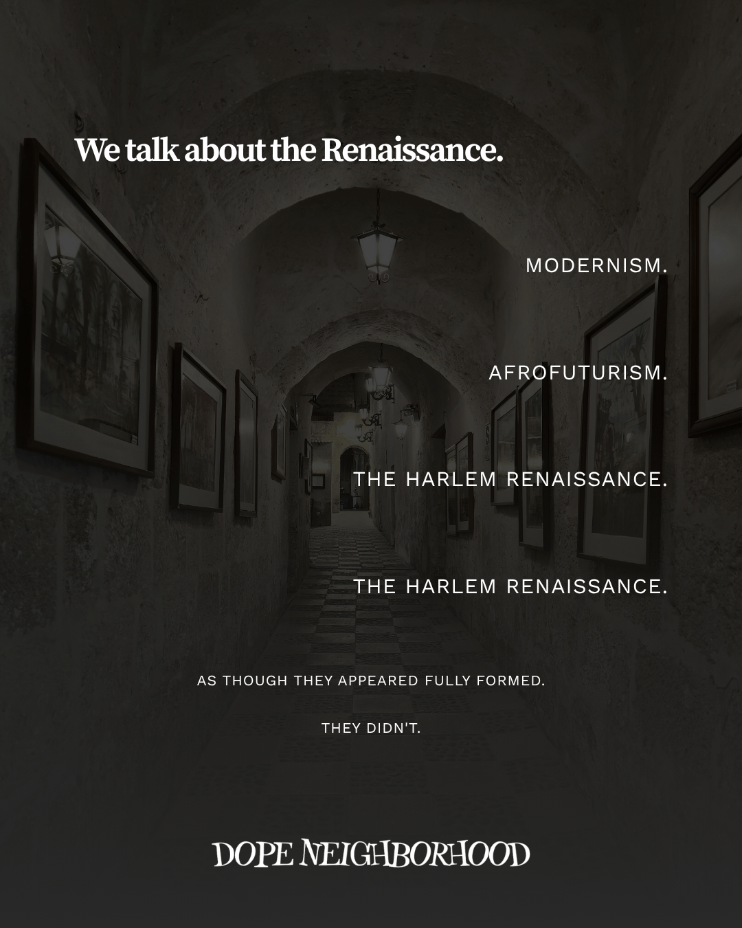 An empty corridor with stone walls and framed paintings, featuring text about the Renaissance and its various movements.