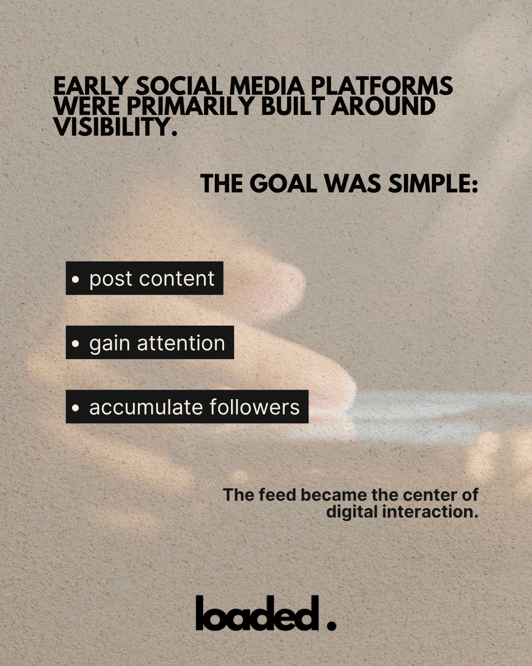 Graphic depicting the goals of early social media platforms: to post content, gain attention, and accumulate followers. Features a textured background with bold typography.