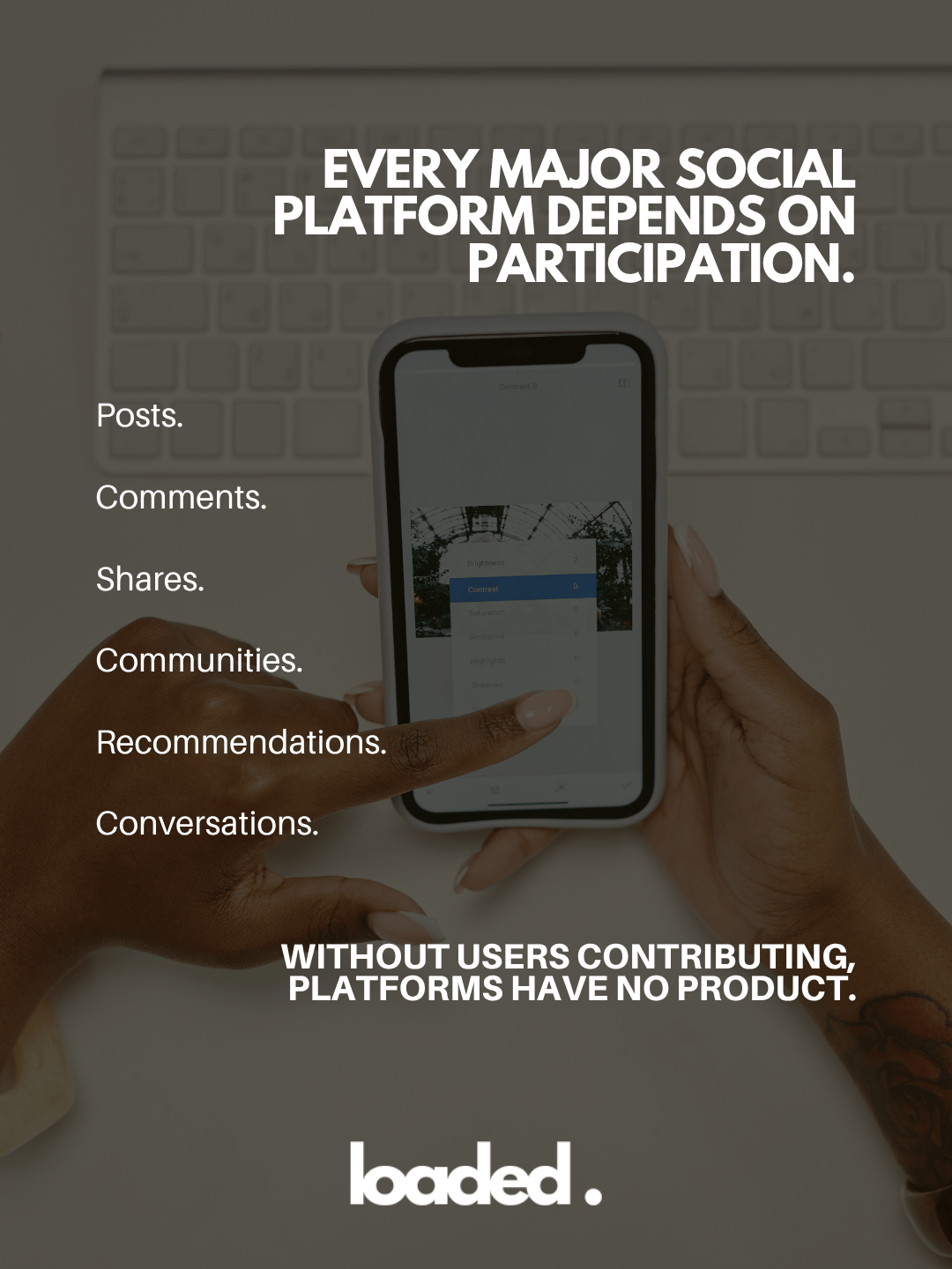 A smartphone displaying social media interactions on a table with a keyboard in the background, emphasizing user participation in social platforms.