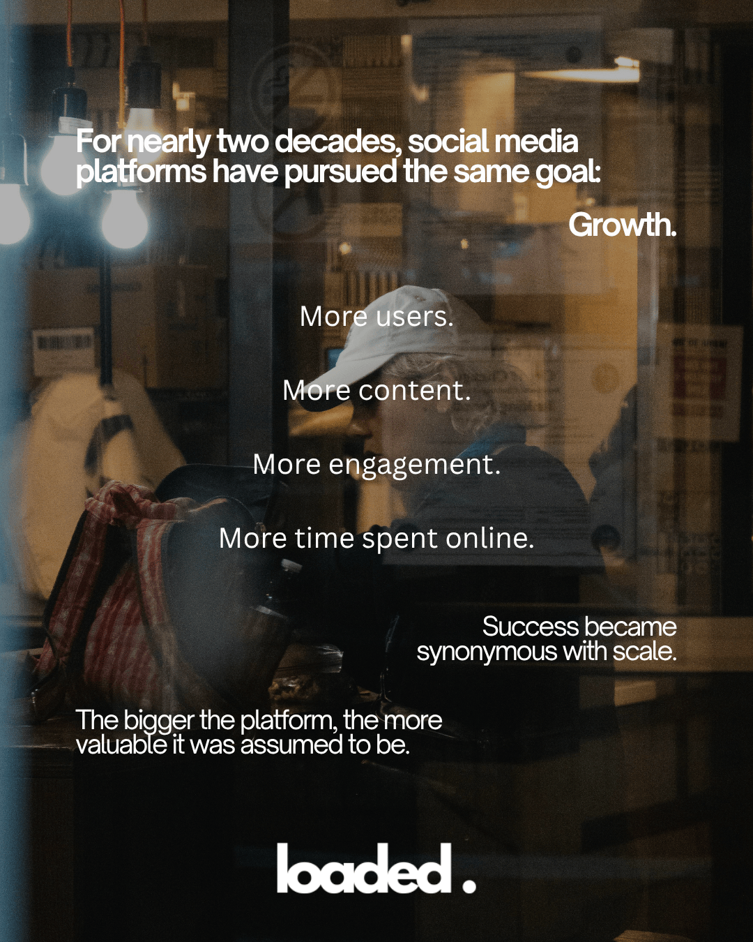 A transparent window showcasing the text discussing the growth objectives of social media platforms, with the word 'Growth' highlighted prominently. The background features warm lighting and blurred objects, emphasizing the message.