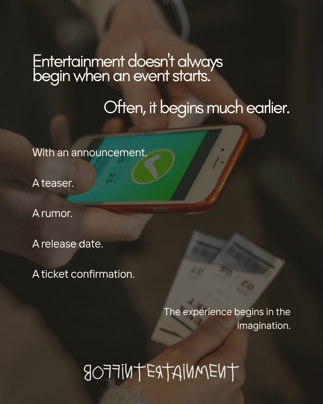 A person holding a smartphone displaying a timer with green elements, while another hand holds event tickets, emphasizing that entertainment begins before the event starts.