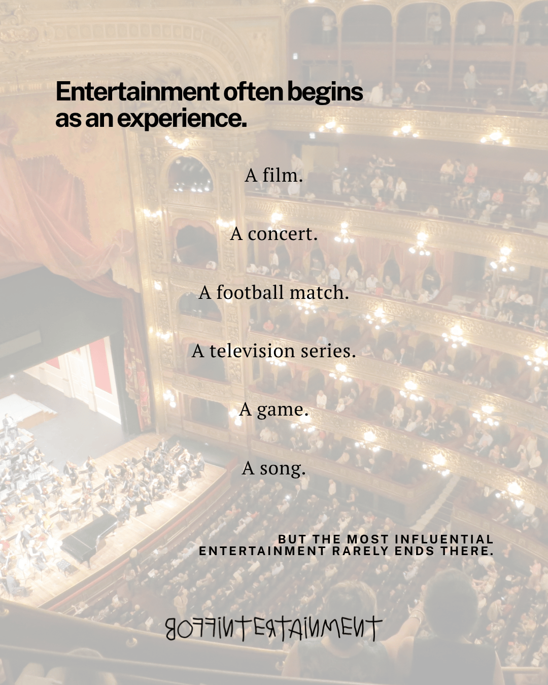 An ornate theater interior filled with an audience watching a performance, with the stage showing an orchestra and various entertainment experiences listed in text overlay.