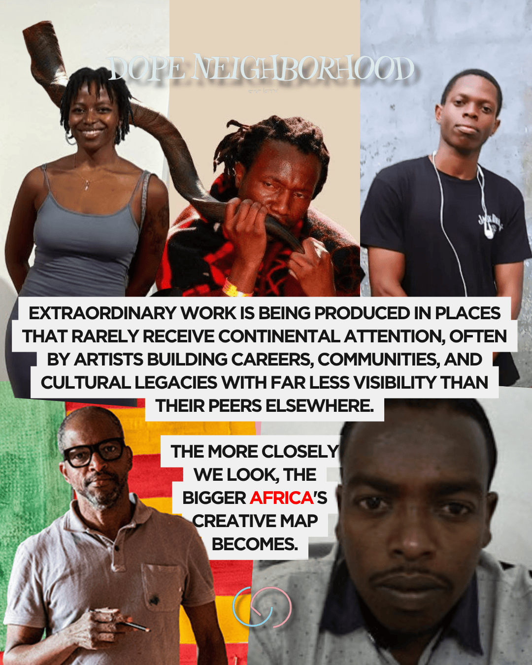 A collage featuring four artists showcasing cultural creativity, with quotes emphasizing the visibility of artistic work in lesser-known regions of Africa.
