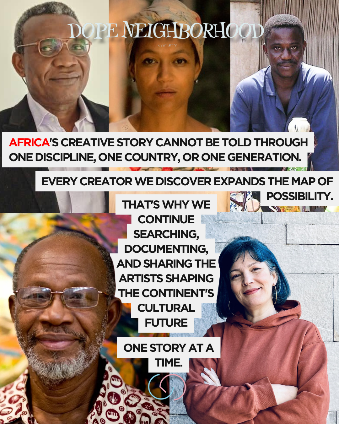 Collage of four individuals with a text overlay discussing the diverse narratives of Africa's creative story.