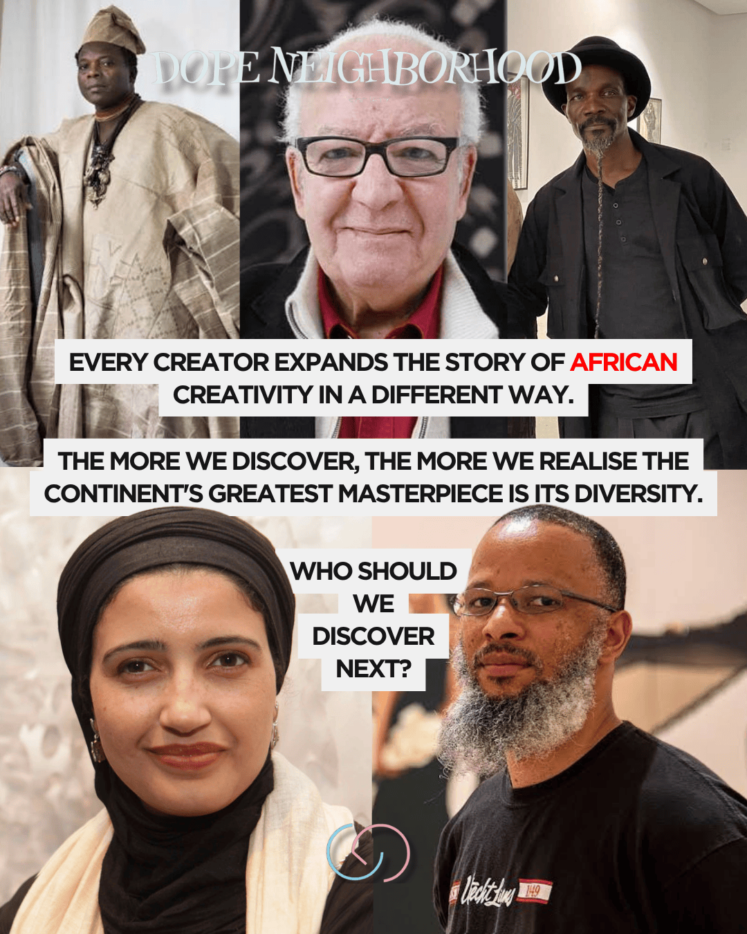 A collage featuring four individuals representing African creativity, with cultural attire and diverse backgrounds. Text overlays highlight the importance of exploring and celebrating the continent's creative diversity.
