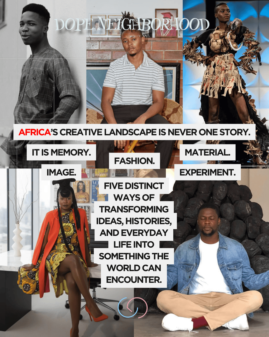A collage featuring four individuals expressing diverse aspects of African creativity. Each person showcases unique fashion styles and cultural representations against various backgrounds, emphasizing themes of memory, image, material, and experimentation.