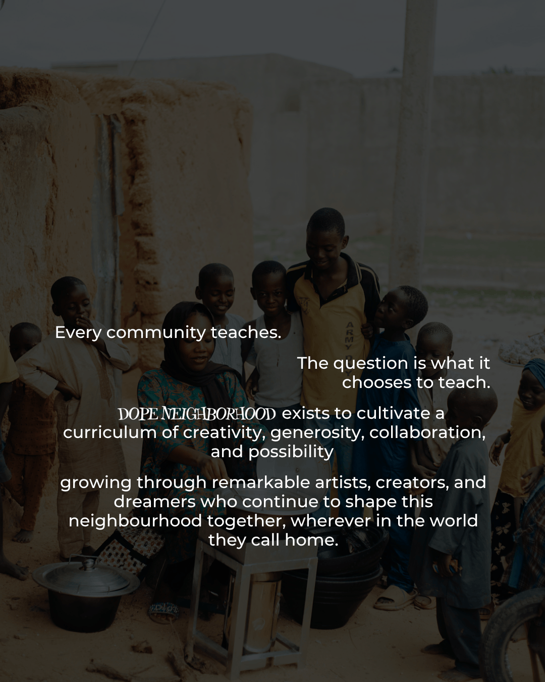 A group of children gathered outdoors, engaged in community activities, with a focus on creativity and collaboration.