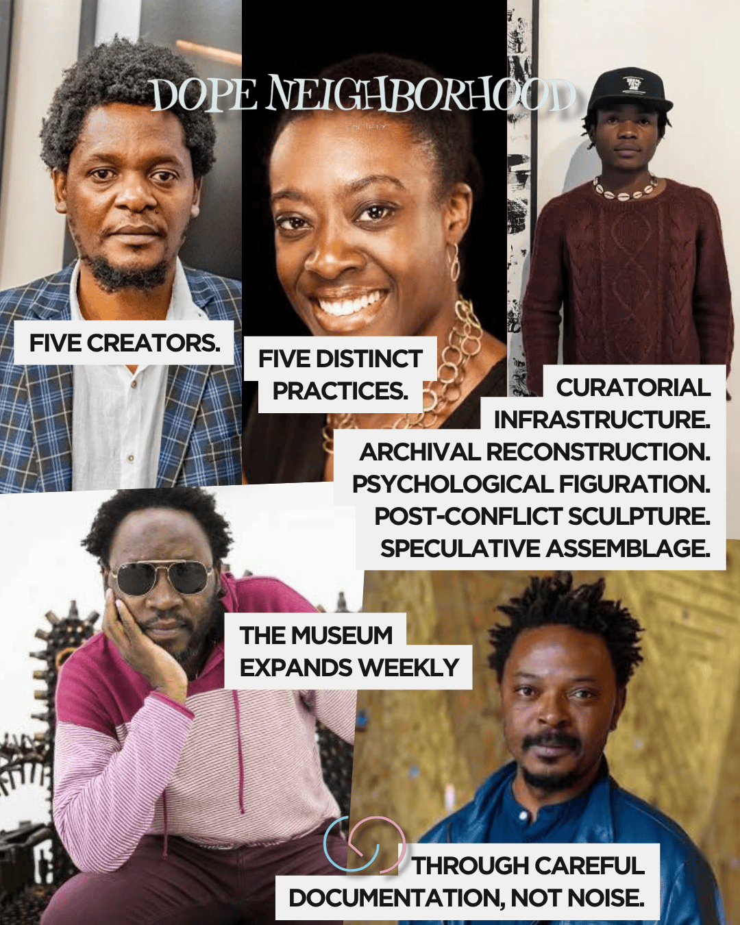 Collage of five creators with portraits and artistic phrases highlighting their distinct practices and contributions, featuring bold text on an artistic background.