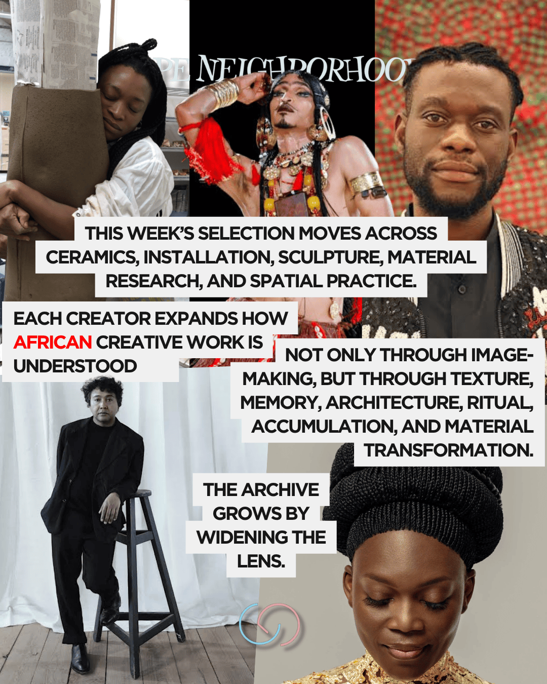 A collage featuring four diverse individuals engaged in artistic practices related to ceramics, installation, and sculpture. The background includes text highlighting the expanding understanding of African creative work through various mediums.