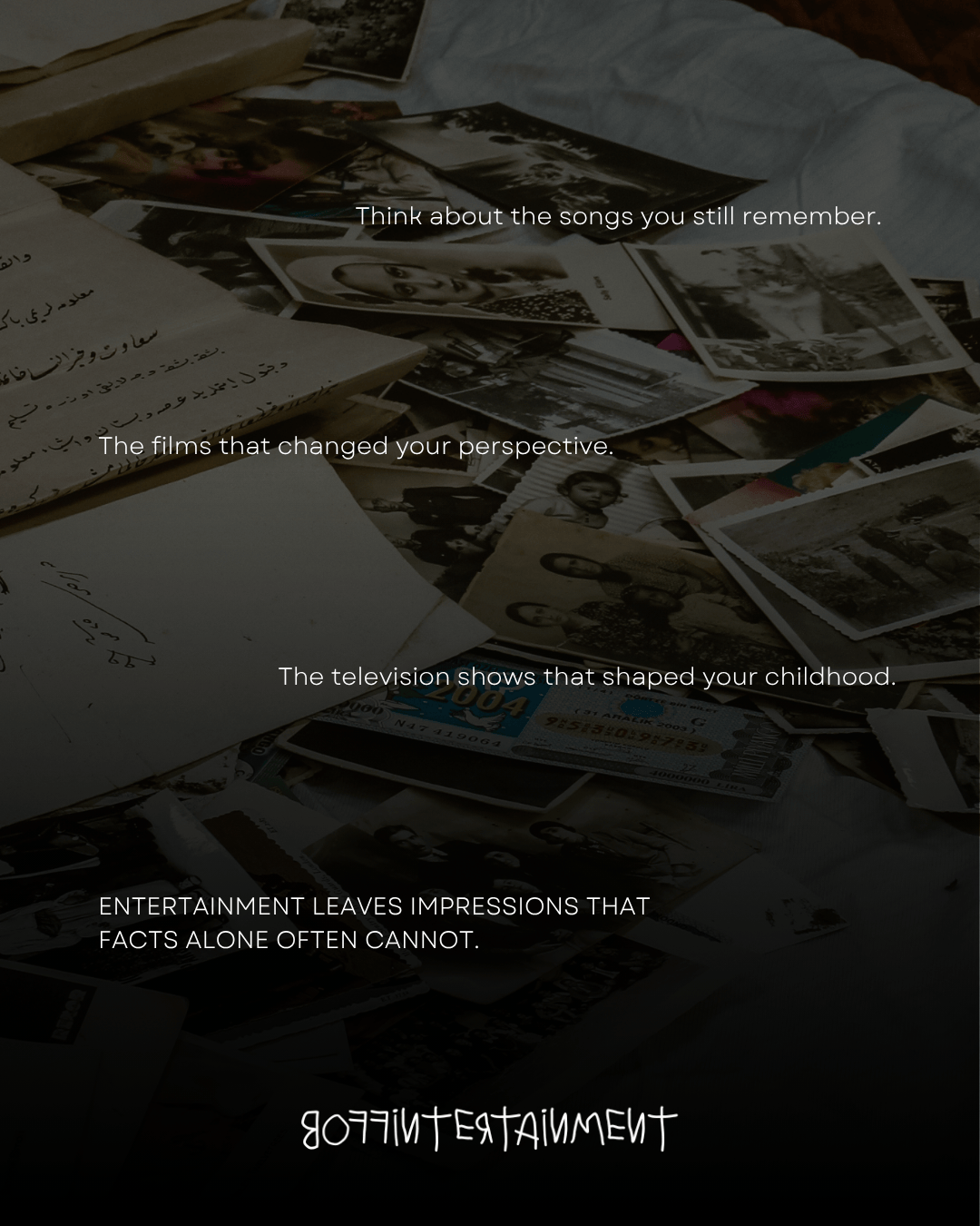 A collection of old photographs and papers scattered on a surface, with text overlay discussing the impact of songs, films, and television shows on memories and impressions.