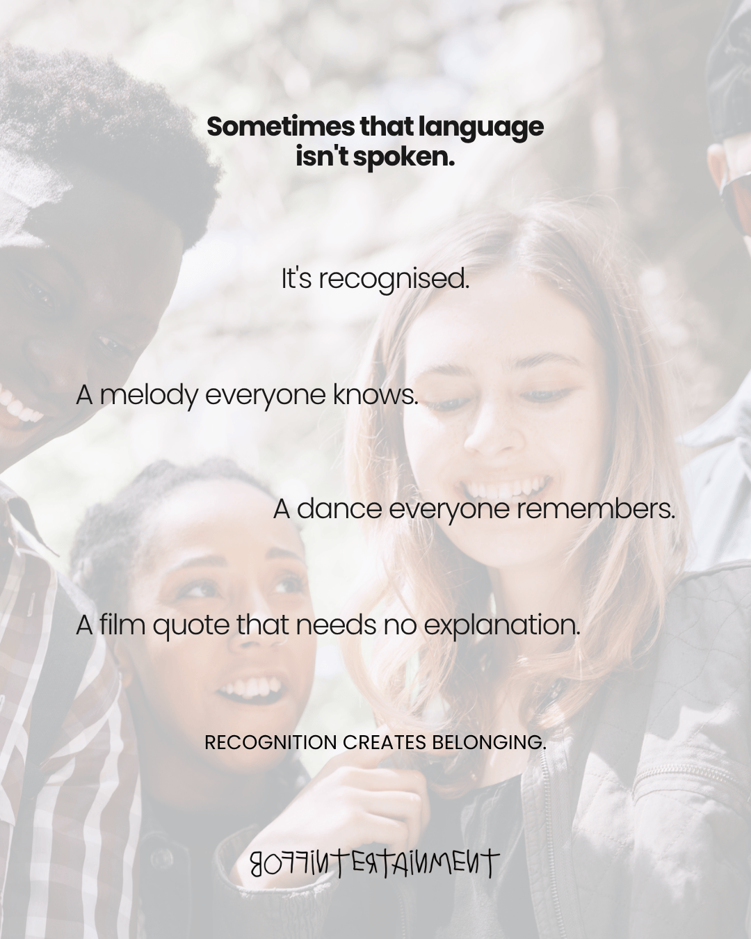 A diverse group of three people, including a child, smiling together outdoors, with text overlay discussing recognition and belonging.